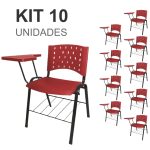 Kit 10 Cadeiras Plásticas Universitárias PRANCHETA PLÁSTICA com Porta Livros REALPLAST – Cor Vermelho 32035