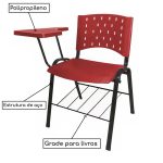 Kit 05 Cadeiras Plásticas Universitárias PRANCHETA PLÁSTICA com Porta Livros REALPLAST – Cor Vermelho 32039 - Imagem 4