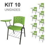 Kit 10 Cadeiras Plásticas Universitárias PRANCHETA PLÁSTICA com Porta Livros REALPLAST – Cor Verde 32036