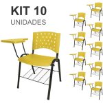 Kit 10 Cadeiras Plásticas Universitárias PRANCHETA PLÁSTICA com Porta Livros REALPLAST – Cor Amarelo 32037