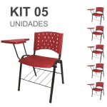 Kit 05 Cadeiras Plásticas Universitárias PRANCHETA PLÁSTICA com Porta Livros REALPLAST – Cor Vermelho 32039