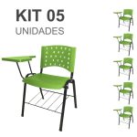 Kit 05 Cadeiras Plásticas Universitárias PRANCHETA PLÁSTICA com Porta Livros REALPLAST – Cor Verde 32040