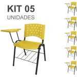 Kit 05 Cadeiras Plásticas Universitárias PRANCHETA PLÁSTICA com Porta Livros REALPLAST – Cor Amarelo 32041