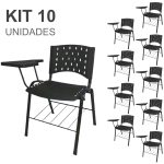 KIT 10 Cadeiras Universitárias com Prancheta e Porta Livros – Cor Preto – REAPLAST – 32042