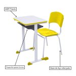 Kit Escolar Individual AMARELO – (Mesa e Cadeira) – ADULTO – MADEIRA – COR AMARELO – REALPLAST – 40098 - Imagem 3