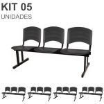 Kit 05 Cadeiras Longarinas PLÁSTICA 03 Lugares – Cor PRETO – REALPLAST – 33034