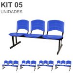 Kit 05 Cadeiras Longarinas PLÁSTICAS 03 Lugares – Cor Azul – REALPLAST – 33052