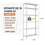 Estante de Aço com 06 Bandejas 30cm (22/18) – 1,98×0,92×0,30m – W3 – Cinza – 16007 - Imagem 5