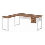 Mesa em L PÉ QUADRO (Mesa 1,70m + Mesa Auxiliar) – C/ Gavetas – WORKSTART – NOGAL SEVILHA/BRANCO – 34332