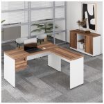 Kit Mesa Escritório em “L” 1,20×0,60m c/ Gavetas + Armário Baixo Credenza – WORKSTART – NOGAL SEVILHA/BRANCO – 34336 - Imagem 3