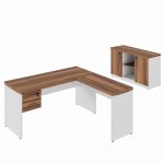 Kit Mesa Escritório em “L” 1,20×0,60m c/ Gavetas + Armário Baixo Credenza – WORKSTART – NOGAL SEVILHA/BRANCO – 34336