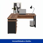 Mesa Escritório em “L” c/ Gaveteiro 1,50×1,50m NOGAL SEVILHA/PRETO – 24480 - Imagem 3