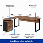 Mesa Escritório em “L” c/ Gaveteiro 1,70×1,60m NOGAL SEVILHA/PRETO – 24481 - Imagem 4
