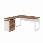 Mesa Escritório em “L” c/ Gaveteiro 1,50×1,50m NOGAL SEVILHA/BRANCO – 34339