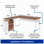 Mesa Escritório em “L” c/ Gaveteiro 1,70×1,60m NOGAL SEVILHA/BRANCO – 34340 - Imagem 2