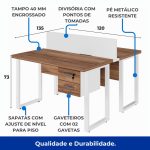 Estação de Trabalho Dupla 1,20×1,35m c/ 02 Gavetas c/ ponto de tomada PÉ QUADRO – Cor Nogal Sevilha/Branco – 34423 - Imagem 6