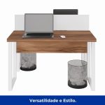 Estação de Trabalho Dupla 1,20×1,35m sem Gavetas c/ ponto de tomada PÉ QUADRO – Cor Nogal Sevilha/Branco – 34424 - Imagem 7