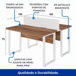 Estação de Trabalho Dupla 1,20×1,35m sem Gavetas c/ ponto de tomada PÉ QUADRO – Cor Nogal Sevilha/Branco – 34424 - Imagem 3