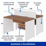 Estação de Trabalho Dupla 1,20×1,35m 02 Lugares c/ Gavetas c/ ponto de tomada PÉ PAINEL – Nogal Sevilha/Branco – 34427 - Imagem 3