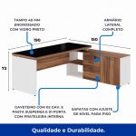 Mesa Diretorzinha c/ Aparador e Vidro Fumê – Pé de MADEIRA – 1,90×1,50m – NOGAL SEVILHA / BRANCO – 34429 - Imagem 2