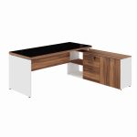 Mesa Diretorzinha c/ Aparador e Vidro Fumê – Pé de MADEIRA – 1,90×1,50m – NOGAL SEVILHA / BRANCO – 34429