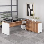 Mesa Diretorzinha c/ Aparador e Vidro Fumê – Pé de MADEIRA – 1,90×1,50m – NOGAL SEVILHA / BRANCO – 34429 - Imagem 9
