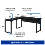 Mesa em L PÉ QUADRO (Mesa 1,50m + Mesa Auxiliar) – S/ Gavetas – PRETO / PRETO – 26010 - Imagem 5