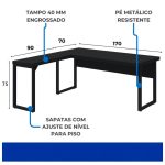 Mesa em L PÉ QUADRO (Mesa 1,70m + Mesa Auxiliar) – S/ Gavetas – PRETO / PRETO – 26011 - Imagem 5
