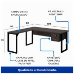 Mesa em L com PÉ QUADRO – (Mesa 1,70m + Mesa Auxiliar) – C/ Gavetas MARSALA/PRETO – 25479 - Imagem 4