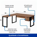Mesa em L PÉ QUADRO (Mesa 1,70m + Mesa Auxiliar) – C/ Gavetas NOGAL SEVILHA/PRETO – 24479 - Imagem 3
