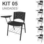 KIT 05 Cadeiras Universitárias com Prancheta e Porta Livros – Cor Preto – REAPLAST – 32043