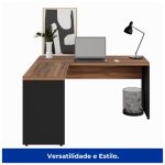 Mesa de Escritório em L (Mesa 1,50m + Mesa Auxiliar) – Sem Gavetas NOGAL SEVILHA/PRETO – 21476 - Imagem 3
