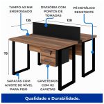 Estação de Trabalho Dupla 1,20×1,35m 02 Lugares c/ Gavetas c/ ponto de tomada PÉ QUADRO – Cor Nogal Sevilha – 63097 - Imagem 5