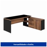 Mesa Diretorzinha c/ vidro c/ Aparador – Pé de MADEIRA – 1,90×1,50m – PMD – NOGAL SEVILHA / PRETO – 21428 - Imagem 5