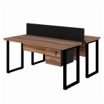 Estação de Trabalho 1,50×1,35m 02 Lugares c/ Gavetas c/ ponto de tomada PÉ QUADRO – Cor Nogal Sevilha – 63099