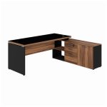 Mesa Diretorzinha c/ vidro c/ Aparador – Pé de MADEIRA – 1,90×1,50m – PMD – NOGAL SEVILHA / PRETO – 21428